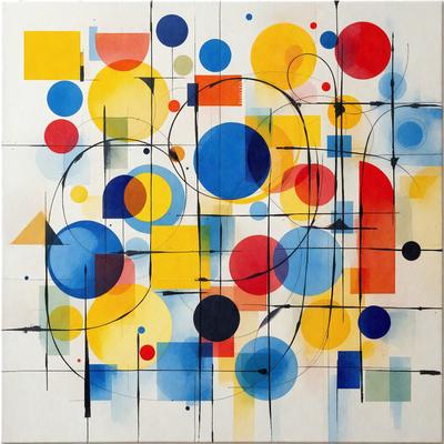 The primary subject of the image is a colorful, abstract painting featuring a variety of shapes and colors. The setting is a white background, which provides a clean and uncluttered appearance. The visual style is a mix of digital art and illustration, creating a unique and vibrant piece of art. The dominant colors in the painting are yellow, red, blue, and orange, which contribute to a lively and energetic atmosphere.